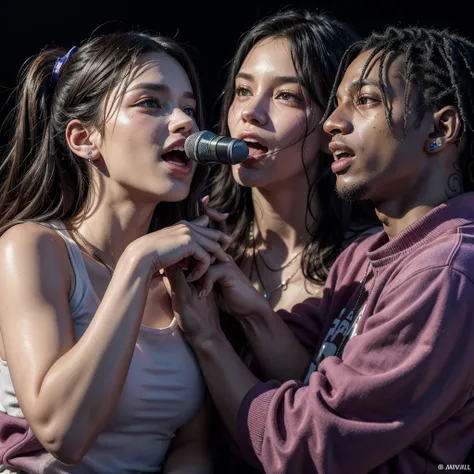 Travis Scott and Matuê singing together at a concert, hyper realist, 4K, detailded, at night, with purple artificial lighting