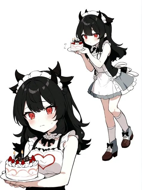 Anime girl, black hair with horns, red eyes, cute, with poses, holding a cake celebrating his birthday with sad face