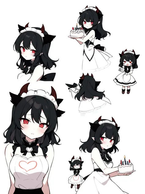 Anime girl, black hair with horns, red eyes, cute, with poses, holding a cake celebrating his birthday with sad face