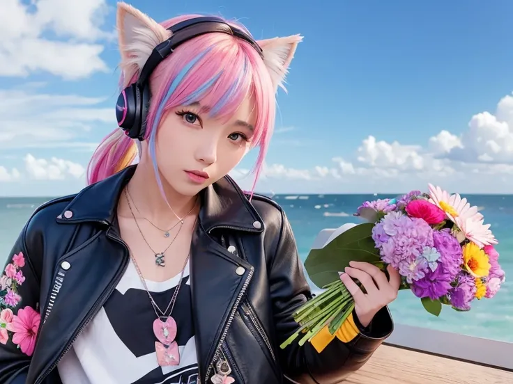 Flowers、Rainbow Hair、Headphones、Cat ear、Seven-colored hair、leather jacket，Flowers and sky background、Young face、Huge 、ponytail、first round、necklace、jewelry、Tank top、dj