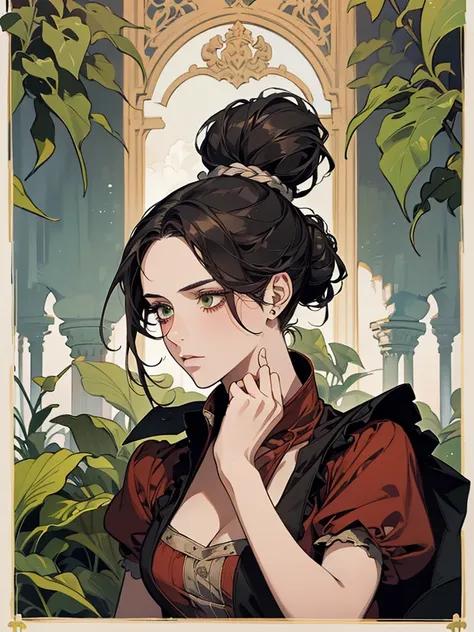 one, digital painting of a woman with her hair tied up in a bun, very black hair, green eyes, young noblewoman from the 1800s , Soft Features, dark red dress, closed dress, in the garden, PORTRAIT STYLE, looking away, ((crook in the nose, long aquiline nos...