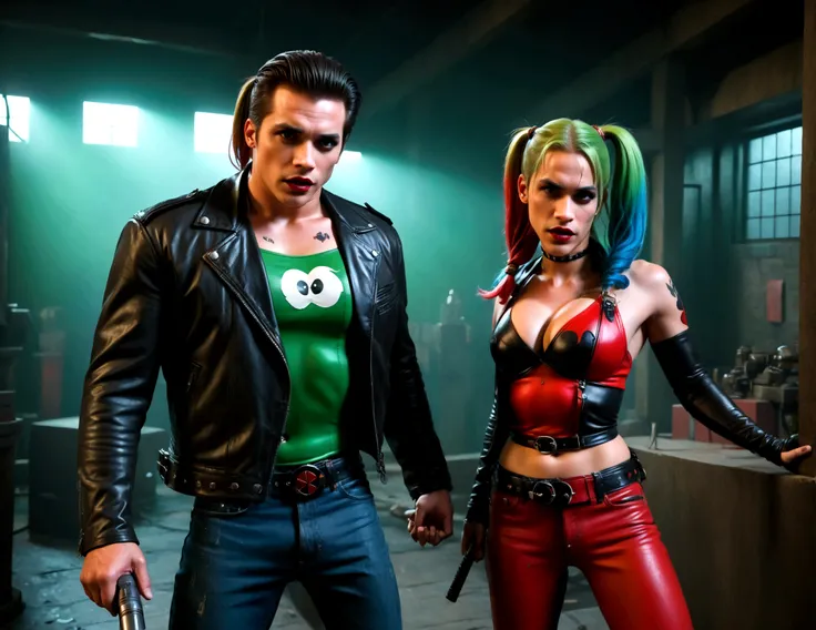 a muscular man with a gruff expression, wearing a leather jacket and jeans (Big Trouble in Little China movies Jack Burton), scolding a woman with vibrant green hair, red and black makeup, and a red and black costume (DC comics Harley Quinn), in a dark and...