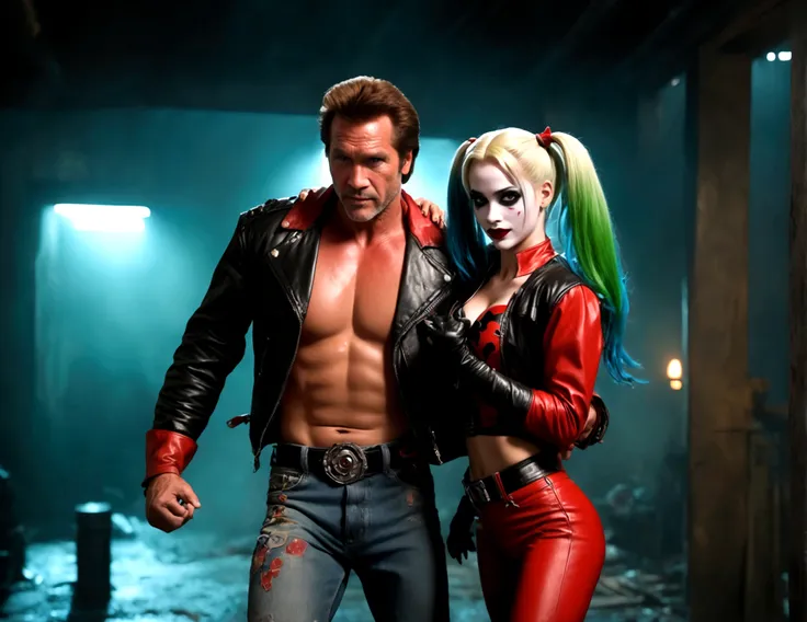 a muscular man with a gruff expression, wearing a leather jacket and jeans (Big Trouble in Little China movies Jack Burton), scolding a woman with vibrant green hair, red and black makeup, and a red and black costume (DC comics Harley Quinn), in a dark and...