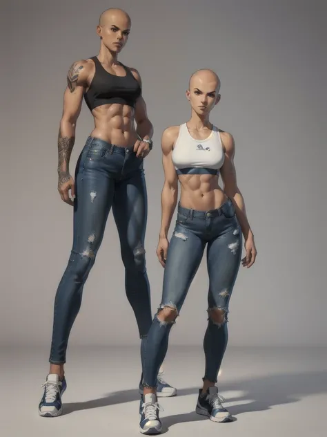 ((best quality)), ((4k)), ((highres)), ((masterpiece:1.2)). ((detailed)), ((ultra realistic)), ((intricate details)), ((full body picture)), ((character design sheet)), ((blank background)), ((standing in a blank background)), a full body shot of a bald fe...