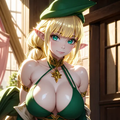 A beautiful muscular female elf, mother, elf, green clothing, cute look, smile, green eyes, awkward gaze, brown hair, tight clothes, elegant clothes, plunging neckline, hands behind back, green hat, detailed portrait, fantasy art, highly detailed, cinemati...