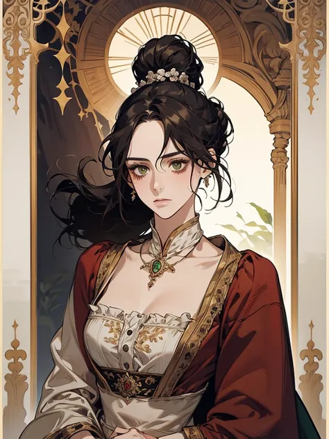 one, digital painting of a woman with her hair tied up in a bun, black hair, green eyes, young noblewoman from the 1800s , calm face, looks down, dark red dress, closed beautiful dress, thin decorations on the head around the hair, in the garden, PORTRAIT ...