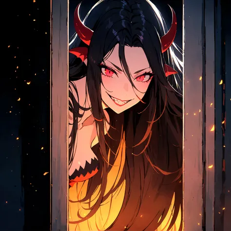 anime beautiful demon women, shark teeth, long hair, night, standing in the corner of someones room, eyes like embers, wicked smile, detailes, 4k, dark
