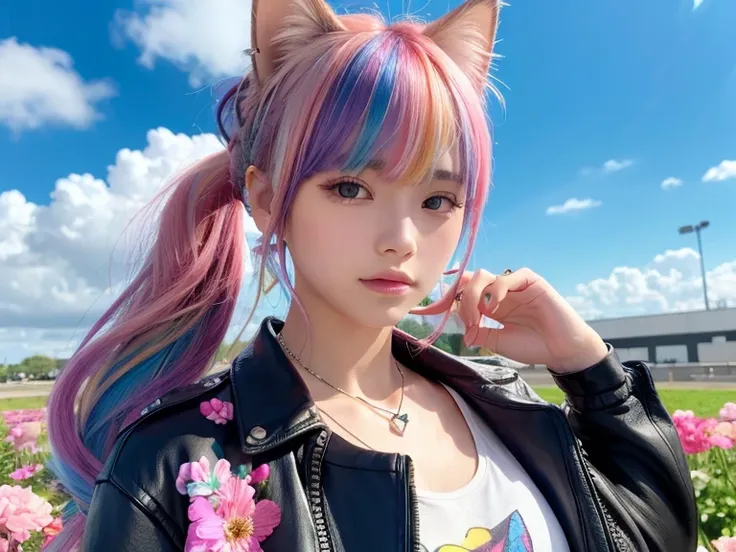 Flowers、Rainbow Hair、Headphones、Cat ear、Seven-colored hair、leather jacket，Flowers and sky background、Young face、Huge 、ponytail、first round、necklace、jewelry、Tank top