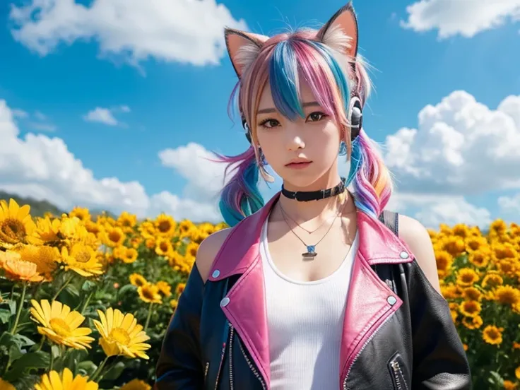 Flowers、Rainbow Hair、Headphones、Cat ear、Seven-colored hair、leather jacket，Flowers and sky background、Young face、Huge 、ponytail、first round、necklace、jewelry、Tank top