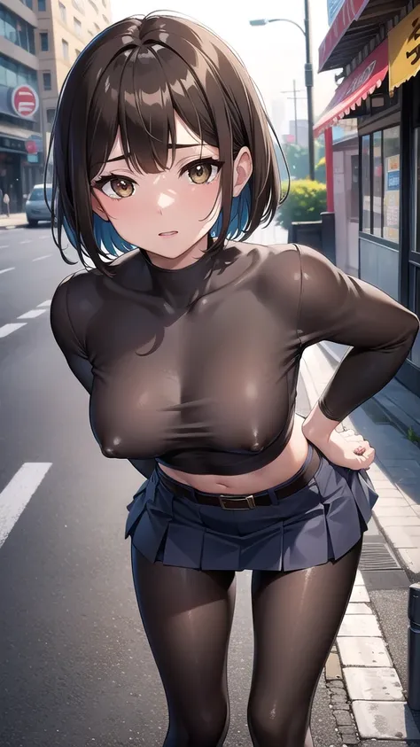 nobarakugisaki, nobara kugisaki, bob cut, (brown eyes:1.7), brown hair, lips, short hair, BREAK belt, brown belt, brown pantyhose,white crop top, crop top overhang,wet crop top,pantyhose, pleated skirt, shirt tucked in, skirt, blue skirt, BREAK looking at ...