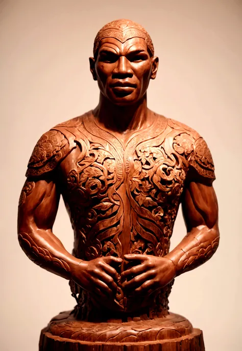 A young boy stands proudly beside a large, intricately carved wooden bust of soccer star Mike tyson. 
The sculpture, carved from a single tree trunk, is incredibly lifelike and detailed. 
They are set against a backdrop of a simple village, possibly in Afr...