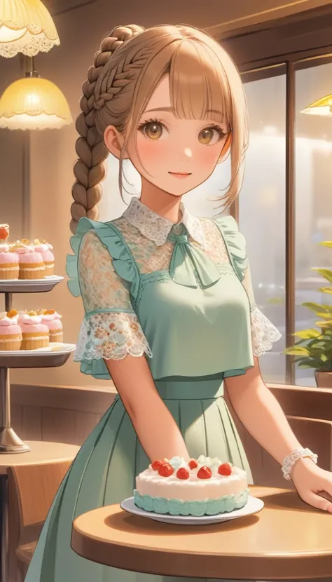 Highest quality、High resolution、Detailed Background、Beautiful Face、Beautiful, smooth skin、Skin Texture、cute10代の美少女、Realistic、Perfect body line、Braided Ponytail、cute髪型、Calm atmosphere、Happy expression、Upper Body、Tea time at the cafe、(Enjoy cakes and sweets ...