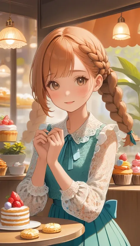 Highest quality、High resolution、Detailed Background、Beautiful Face、Beautiful, smooth skin、Skin Texture、cute10代の美少女、Realistic、Perfect body line、Braided Ponytail、cute髪型、Calm atmosphere、Happy expression、Upper Body、Tea time at the cafe、(Enjoy cakes and sweets ...