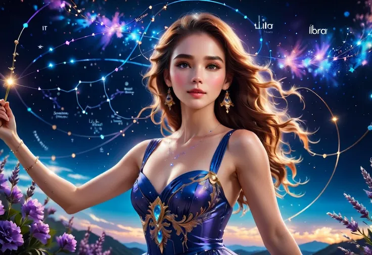 a portrait of the ((libra constellation: 1.3)) in the night sky seen by an astrologer looking at , an extraordinary beautiful woman, there is magic in her eyes divining the future from the Libra constellation, dynamic hair color, dynamic hair style, wearin...