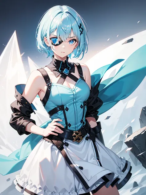 1 girl, light blue hair, light hair hair, sharp eyes, light blue eyes, sleeveless combat dress, bow, serious look, masterpiece, high quality, fantasy eyepatch, unique eyepatch, short hair, short hair, very short hair, unique hair, special hair, boy hair