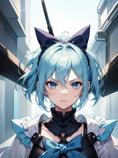 1 girl, light blue hair, light hair hair, sharp eyes, light blue eyes, sleeveless combat dress, bow, serious look, masterpiece, high quality, fantasy eyepatch, unique eyepatch, short hair, short hair, very short hair, unique hair, special hair, boy hair