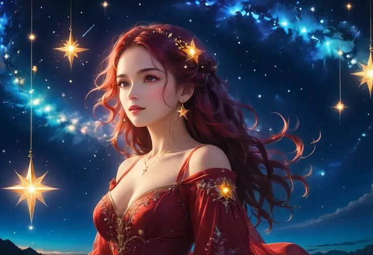 a portrait of an astrologer looking to the sky at libra constellation in the night sky, an extraordinary beautiful woman, there is magic in her eyes divining the future from the Libra constellation, dynamic hair color, dynamic hair style, wearing an intric...