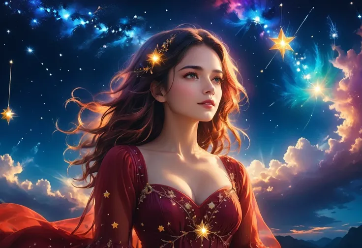 a portrait of an astrologer looking to the sky at libra constellation in the night sky, an extraordinary beautiful woman, there is magic in her eyes divining the future from the Libra constellation, dynamic hair color, dynamic hair style, wearing an intric...