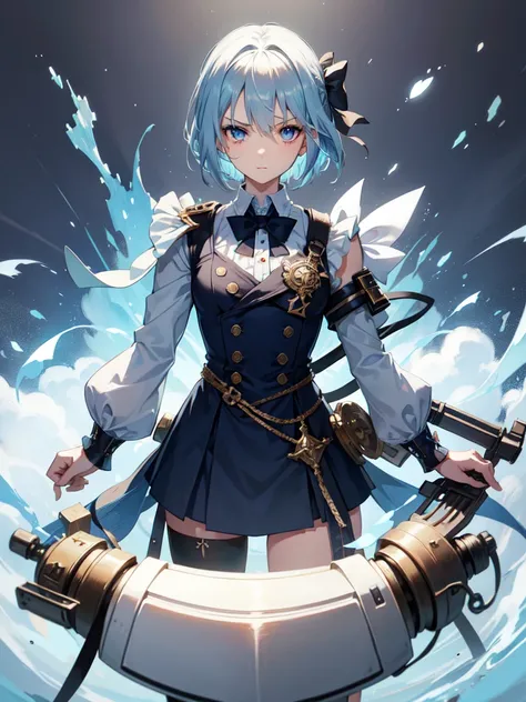 1 girl, light blue hair, light hair hair, sharp eyes, light blue eyes, bow, serious look, masterpiece, high quality, fantasy eyepatch, unique eyepatch, short hair, short hair, very short hair, unique hair, special hair, boy hair, white combat clothes