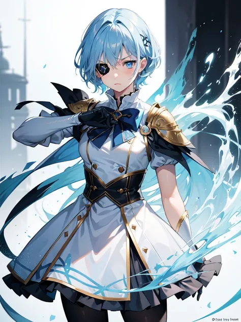 1 girl, light blue hair, light hair hair, sharp eyes, light blue eyes, bow, serious look, masterpiece, high quality, fantasy eyepatch, unique eyepatch, short hair, short hair, very short hair, unique hair, special hair, boy hair, white combat clothes