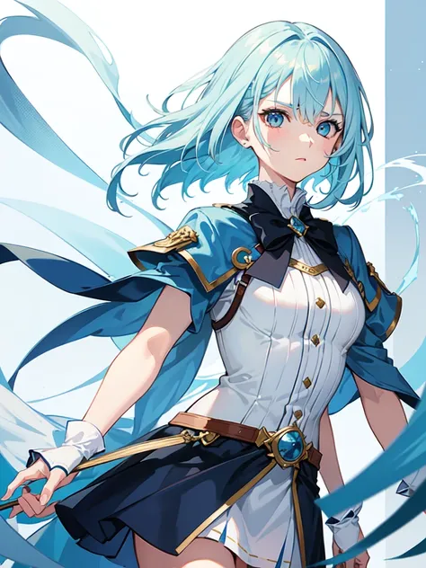 1 girl, light blue hair, light hair hair, sharp eyes, light blue eyes, bow, serious look, masterpiece, high quality, fantasy eyepatch, unique eyepatch, short hair, short hair, very short hair, unique hair, special hair, boy hair, white combat clothes