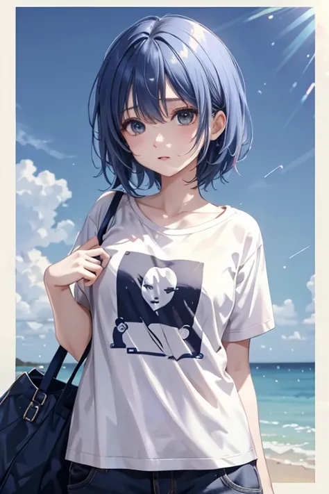 1girl,solo,blue hair,cobalt blue hair,short hair,(t-shirts:1.2),baggy shirt