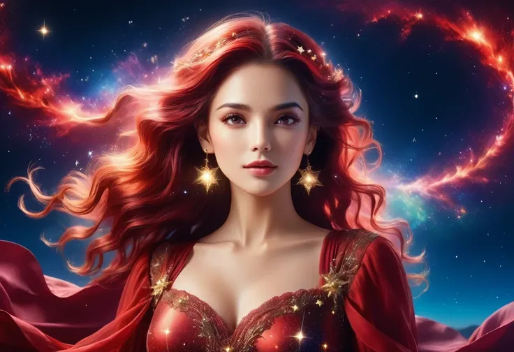 a portrait of an astrologer looking at libra constellation in the night sky, an extraordinary beautiful woman, there is magic in her eyes divining the future from the Libra constellation, dynamic hair color, dynamic hair style, wearing an intricate red dre...