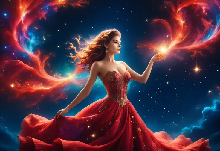 a portrait of an astrologer looking at libra constellation in the night sky, an extraordinary beautiful woman, there is magic in her eyes divining the future from the Libra constellation, dynamic hair color, dynamic hair style, wearing an intricate red dre...