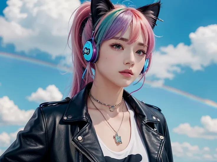 Flowers、Rainbow Hair、Headphones、Cat ear、Seven-colored hair、leather jacket，Flowers and sky background、Young face、Huge 、ponytail、first round、necklace、jewelry、Tank top