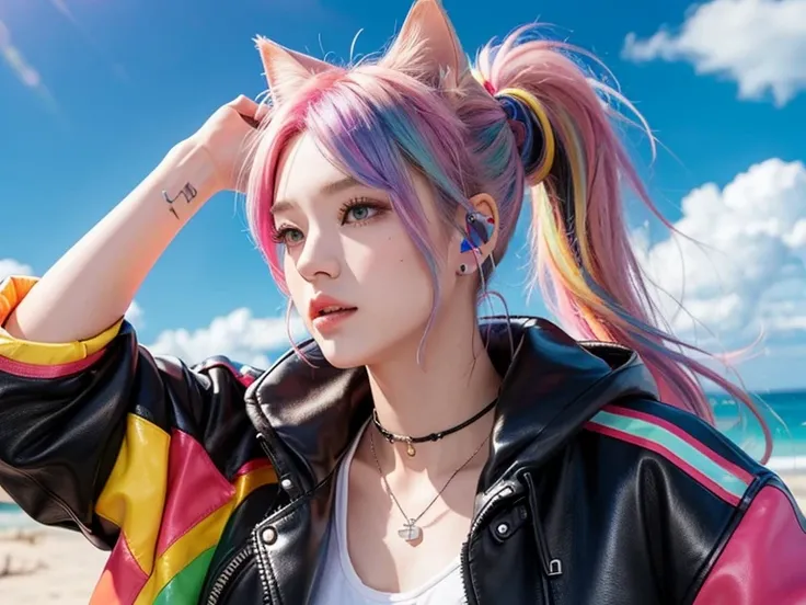 Flowers、Rainbow Hair、Headphones、Cat ear、Seven-colored hair、leather jacket，Flowers and sky background、Young face、Huge 、ponytail、first round、necklace、jewelry、Tank top