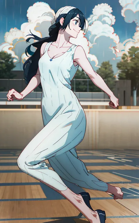 masterpiece, Highest quality, High Definition, High Resolution, single, alone, blue sky、Cumulonimbus、profile、Long Hair、Black Hair、fatigue、smile、Smile、Bitter smile、Small beautiful breasts、Uplifting、White Dress、Dancing、Cleavage, Bouncing、Sweaty, Dance、drench...