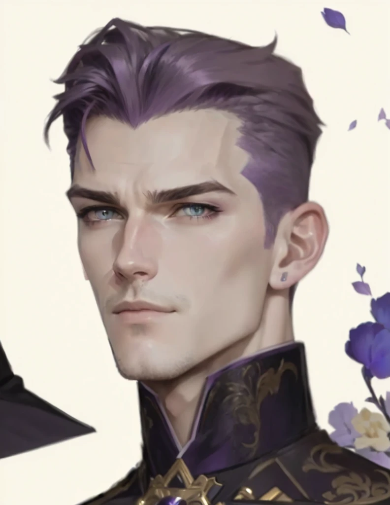 Close-up of a man with purple hair and a purple shirt, Kira Yoshikage, Alukard, Ideal European facial features, European, made in an anime artist&#39;s studio, handsome guy in demon slayer art, g-liulian art style, anime portrait of a handsome man, drawn i...