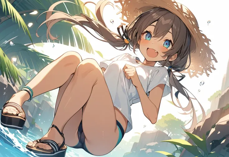 BREAK Perfect Anatomy、(High resolution:1.2)、Incredible illustrations、(Cute illustrations:1.2)、
()(dynamic angle,) （Beautiful background（sandy beach, morning sun）) 
1girl((brown hair,twin tails, tanned skin: 1.3,blue eyes,fang)1girl((a girl,slender 1.7meter...