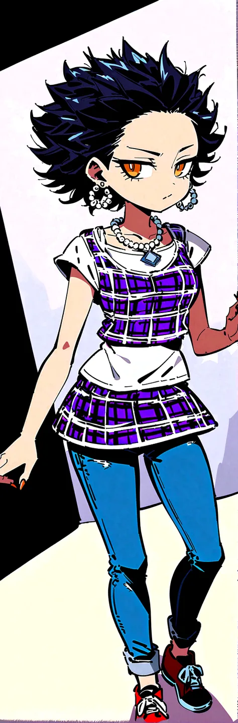 Create a cartoon-style image of a teenager with dark, curly hair, wearing a plaid tank top over a white t-shirt, a pearl necklace, jeans, and earrings.