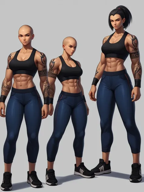 ((best quality)), ((4k)), ((highres)), ((masterpiece:1.2)). ((detailed)), ((ultra realistic)), ((intricate details)), ((full body picture)), ((character design sheet)), ((blank background)), ((standing in a blank background)), a full body shot of a bald fe...