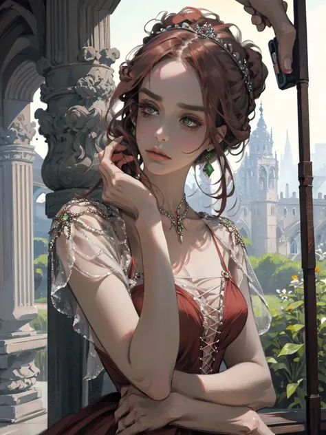 one, digital painting of a woman with her hair tied up in a bun, Brown red hair, green eyes, young noblewoman from the 1800s , calm face, looks down, dark red dress, closed beautiful dress, decorations on the head around the hair, in the garden, PORTRAIT S...