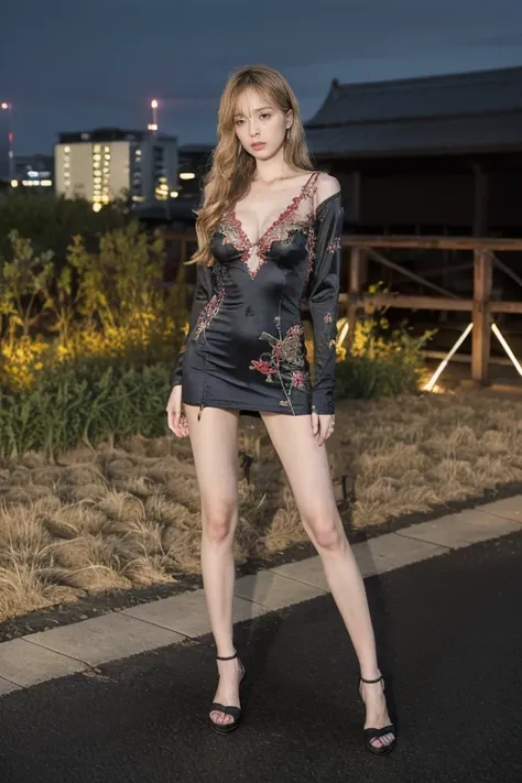 Tokyo，Night view，tense atmosphere， (original photography:1.3), (best quality), (Extremely detailed),(Messy hair),(Inspired by the 007 movie)，(Real stills:1.3)，Full body portrait，007 Style，1 Woman，Mature woman，Perfect body，blond hair，long golden curly hair，...