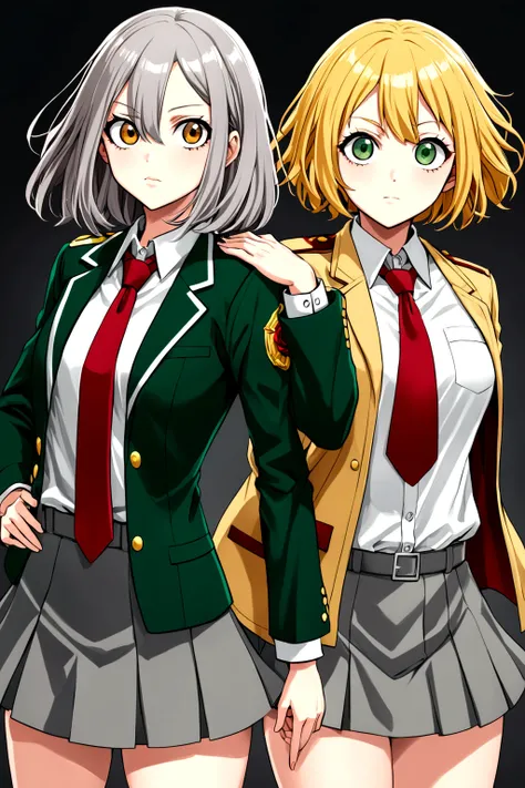 Chicas my hero academia style chicha de cabello quebrado de color castaño claro y un mechón derecho de color golden rose,medium large eyes, with a flirtatious and challenging look, Left eye color brown and right eye color golden rose, UA uniform gray jacke...