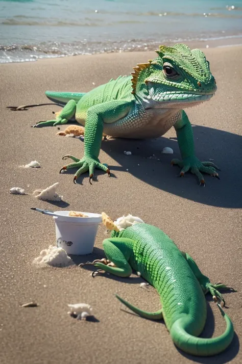 lizard eating ice cream on the beach