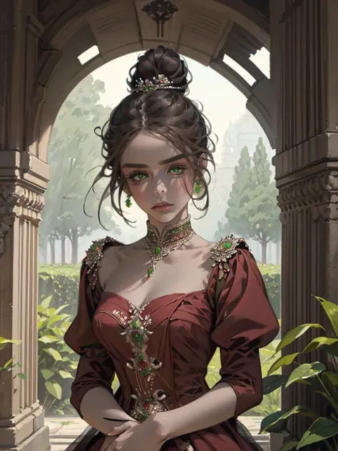 one, digital painting of a woman with her hair tied up in a bun, Brown hair, green eyes, young noblewoman from the 1800s , calm face, looks down, dark red dress, closed beautiful dress, decorations on the head around the hair portrait style, looking away, ...