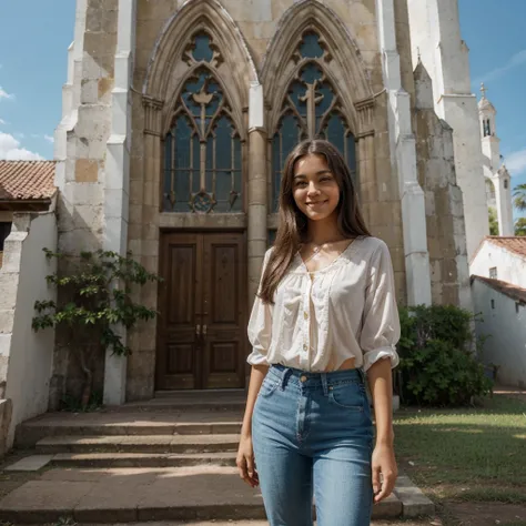 an 18 year old Brazilian girl, with light skin, long brown hair, and brown eyes. Mariana is in front of a historic church in Independência, Ceará. She is smiling slightly at the camera, wearing a light blouse and jeans, suitable for a sunny day. Ao fundo, ...