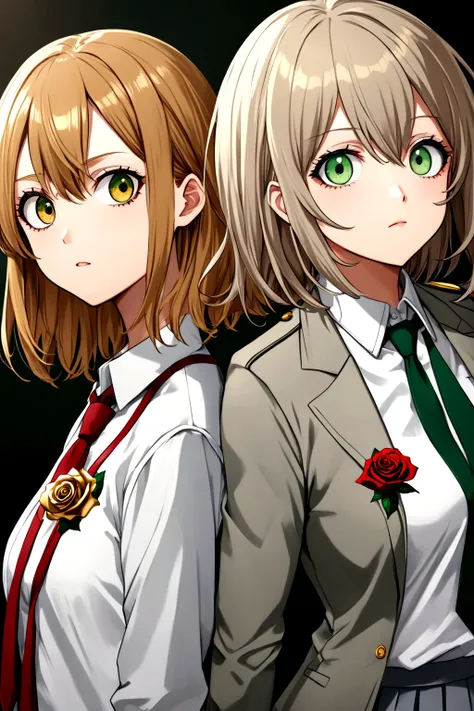 My hero academia style girls with light brown broken hair and a straight golden rose strand,medium large eyes, with a flirtatious and challenging look, Left eye color brown and right eye color golden rose, UA uniform gray jacket with green details, white s...