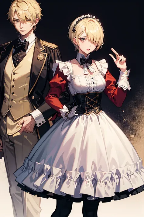 1 person, mature, (((Woman dressed as a man))),(((Butler))), count, viscount, Victorian era,(Barrette)、(((Hair on one eye)))、(((Blonde short hair))),(Red eyeedium Breast),smile、 suit, coat,  White gloves, Gold and red design, Black Shirt, No background, Ab...