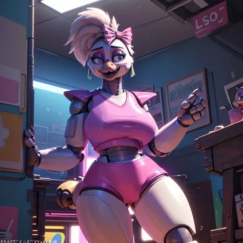 (masterpiece), ((perfect anatomy)), (high Res), (4k), Chicken, huge breast, wide hips, (robot), (animatronic), (((spandex pink shirt))), (((spandex pink shorts))), happy, ponytail, ((((((realistic artstyle)))))), (((solo))), narrow waist