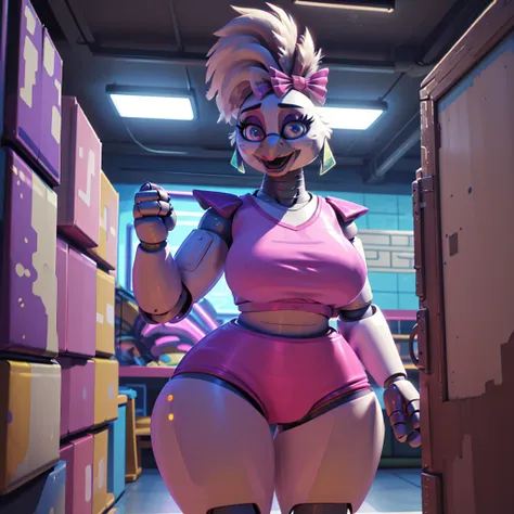 (masterpiece), ((perfect anatomy)), (high Res), (4k), Chicken, huge breast, wide hips, (robot), (animatronic), (((spandex pink shirt))), (((spandex pink shorts))), happy, ponytail, ((((((realistic artstyle)))))), (((solo))), narrow waist