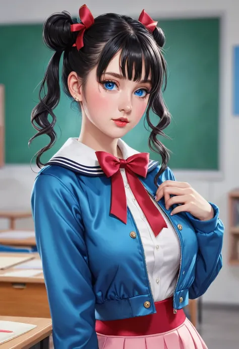 masterpiece,best quality,20 year old,1girl,bangs,expose breast,no bra,black_hair,blue_eyes,blue_jacket,blue_ribbon,blush,bow,double_bun,hair_bun,hair_ornament,hairclip,jacket,long_sleeves,looking_at_viewer,open_clothes,open_jacket,parted_lips,ribbon,sailor...