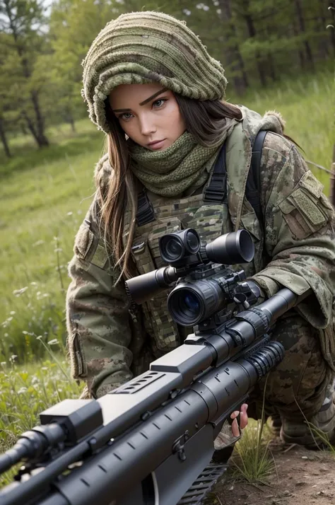 Elite sniper equipped with a ghillie suit