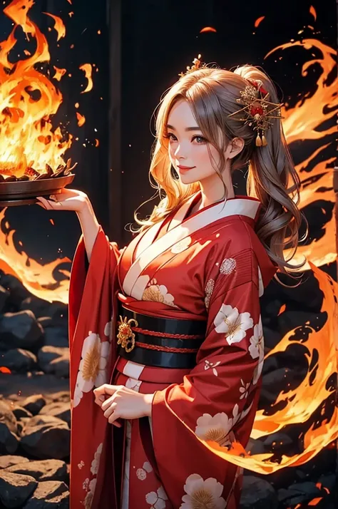 A beautiful woman in a kimono smiles as she makes a contract with a fire demon against the backdrop of a fire magic circle