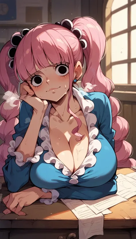 nsfw,1 person,Sweat,White Breath,solo,one piece,Perona,Groin bulge,Valley visible,room,((Big Breasts)),(((Rest your chest on the desk))),uniform