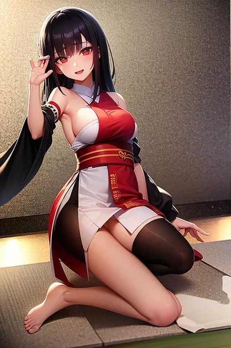 50 years old,woman,miko,Yandere,japanes miko,black hair,long hair,contrappost,red eyes,making a heart with hands,milf,mom,sexy,